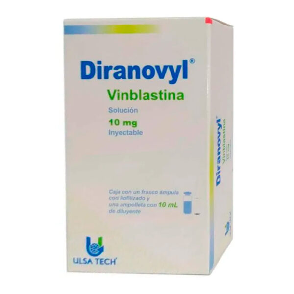 Vinblastina. SoluciÃ³n Inyectable. Cada frasco Ã¡mpula con liofilizado contiene: Sulfato de vinblastina 10 mg. Envase con un frasco Ã¡mpula con o sin diluyente de 10 mL.